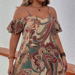 NEW! Elegant Paisley Print Women's A-Line Dress w/ off the shoulder Size XXL